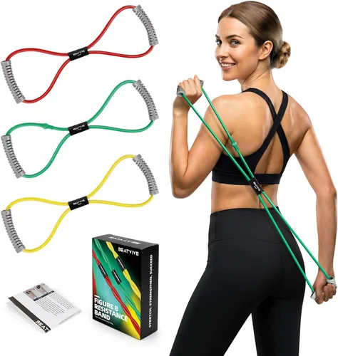 Miniatura 13 de Banda de resistencia Figura 8 Cordón de ejercicio, bandas de resistencia de fitness con asas, banda de tubo de ejercicio para estiramiento de brazos