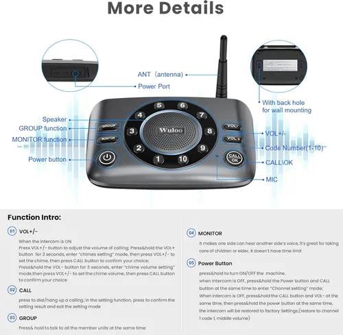 Miniatura 7 de Wuloo - Intercomunicadores inalámbricos manos libres para negocios en casa, sistema de intercomunicación de audio bidireccional mejorado para Juego