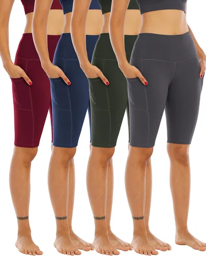 WHOUARE Paquete de 4 pantalones cortos de yoga con bolsillos para mujer, cintura alta, atléticos, correr, entrenamiento, gimnasio, control de abdomen