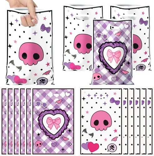 50 bolsas de regalo de plástico con diseño de dibujos animados kawaii de 6.5 x 10 pulgadas, con diseño de corazón de lazo y asas, para fiestas de