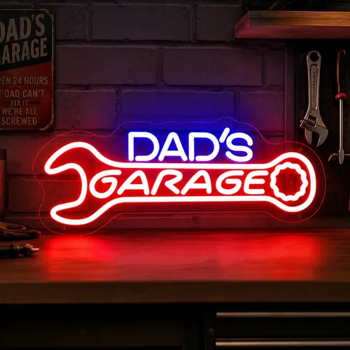 Letrero de neón para garaje de papá, decoración de pared de garajes LED para taller, regalos para marido, papá, padre, hombres, rojo y azul