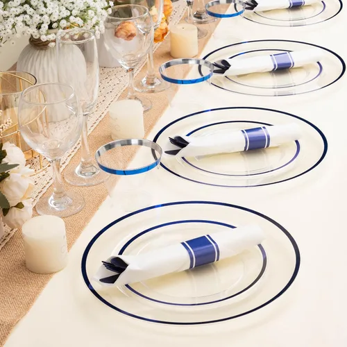 Miniatura 8 de BESTSTAR Juego de 350 platos desechables transparentes y azules para 50 invitados, 100 platos de plástico, 50 vasos, 50 servilletas preenrolladas