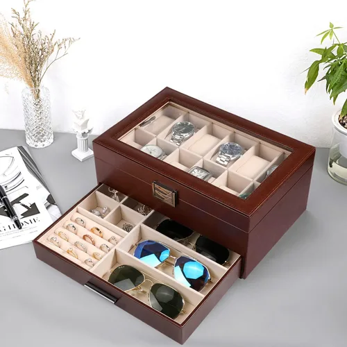 Miniatura 7 de Voova Joyero organizador de cajas de reloj para hombres y mujeres 2 capas grandes de 12 ranuras de piel sintética estuche de almacenamiento