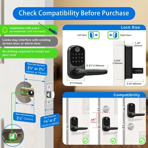 Miniatura 6 de Cerradura inteligente con asa, cerradura de puerta de entrada sin llave de huellas dactilares, control de aplicación, cerrojo de teclado con bloqueo