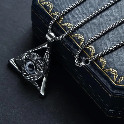 Miniatura 4 de Collar con dije de ojo malvado vintage de acero inoxidable con forma de triángulo para hombres y mujeres, cadena de 24 pulgadas