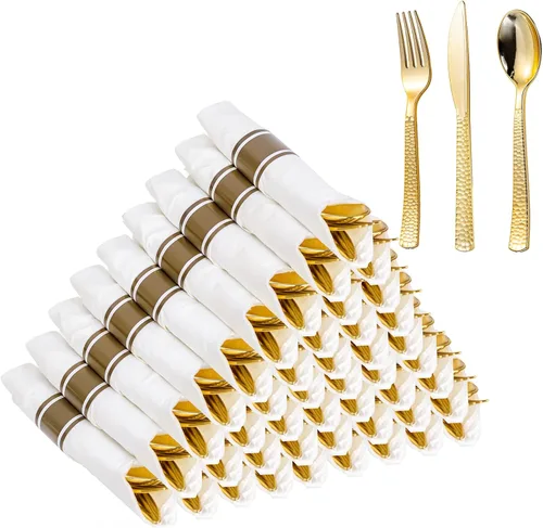 Miniatura 12 de WELLIFE 50 cubiertos de plástico plateado martillado para invitados, servilletas preenrolladas con cubiertos de plata, cubiertos desechables