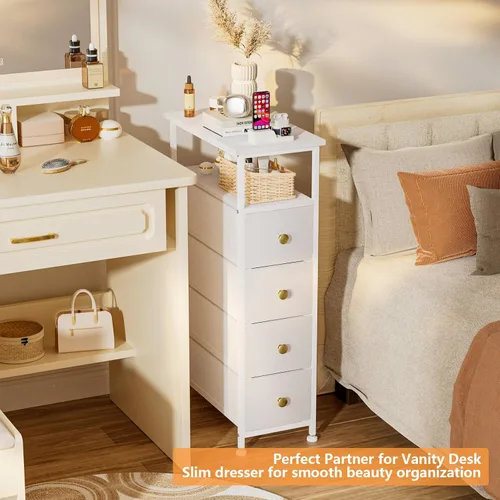 Miniatura 4 de Cómoda estrecha para dormitorio, torre de almacenamiento delgada, cómoda de 4 cajones de tela con estante de madera, organizadores de baño