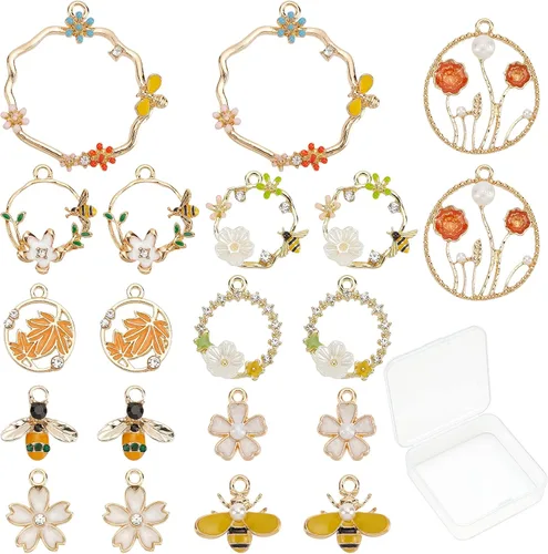 Miniatura 13 de SUNNYCLUE 1 caja de 16 piezas de 8 estilos esmaltados de flores, gato, Pascua, vacaciones, conejo, dijes de aleación de flores de esmalte a granel