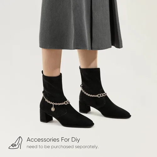 Miniatura 6 de 7or9 Botines de tacón medio para mujer con suela de lengüeta Chelsea Fashion Go Go Botas hasta la rodilla Botas de tacón grueso de lana - Negro