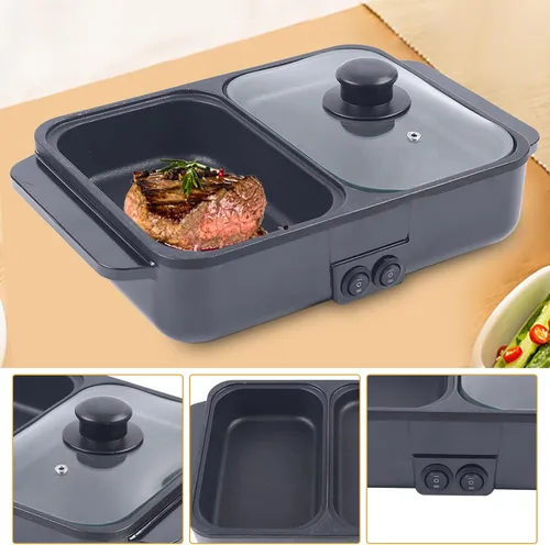 Miniatura 3 de Olla Caliente con Parrilla, Olla Caliente Eléctrica y Sartén, Olla Shabu Shabu con Parrilla, Olla Shabu Shabu Antiadherente y Plancha 2 en 1