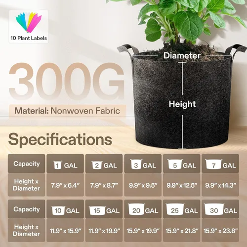 Miniatura 9 de VIVOSUN - Paquete de 5, 1 galón, bolsas para cultivar de tela no tejida gruesa resistente con asas Negro