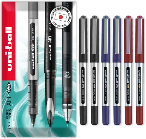 uni-ball Eye Micro Ub-150 - Bolígrafo de tinta de gel (0.020 in, 6 unidades, 2 unidades, negro, 2 azules, 2 rojos), en caja de regalo