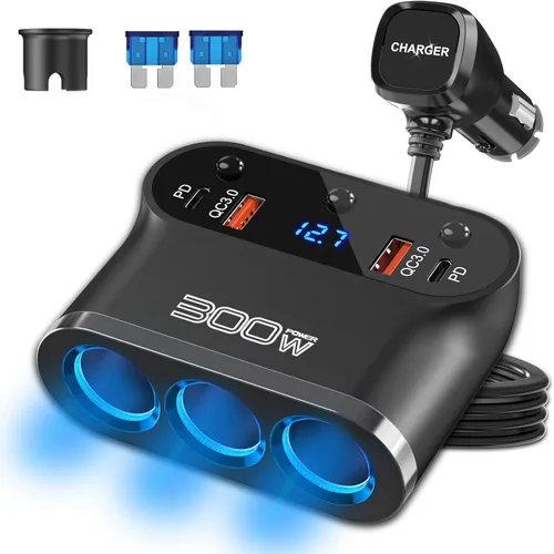 Adaptador de encendedor de cigarrillos 7 en 1: Ouffun 300 W 3 sockets extensiones de cargador de coche divisor de 12 V con doble PD USB C 30W y