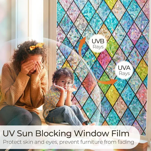 Miniatura 4 de Lámina de privacidad para ventana Windimiley con diseño de vidrio manchado: adhesivo estático decorativo floral 3D arcoíris con control de calor
