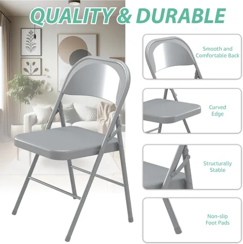 Miniatura 4 de Paquete de 4 sillas plegables, sillas plegables de metal, marco de acero con doble bisagra para oficina, boda, fiesta, patio, comedor, eventos, Gris