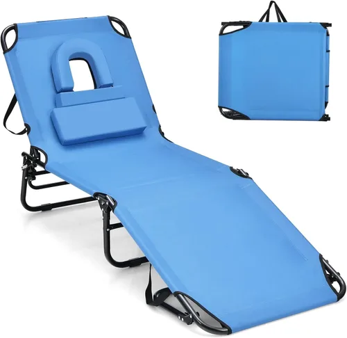 Miniatura 8 de GYMAX Silla de bronceado, silla de playa de 350 libras con agujero para la cara, almohada lavable y correa de transporte, tumbona plegable