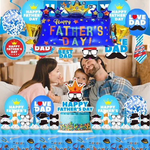 Miniatura 5 de Decoraciones de fiesta del día del padre, juego de suministros para fiesta del día del padre, incluyendo pancarta, remolinos colgantes, globos