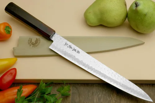 Miniatura 2 de Yoshihiro VG10 46 Capas Damasco Martillado Sujihiki Cuchillo Rebanador Japonés (9.5" (240mm) Mango de Palisandro)
