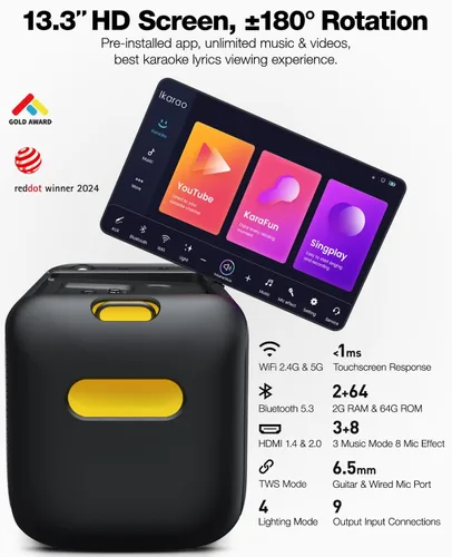 Miniatura 4 de Ikarao Máquina de karaoke para adultos con pantalla de letras, pantalla integrada de 13.3 pulgadas, máquina de karaoke verdaderamente todo en uno