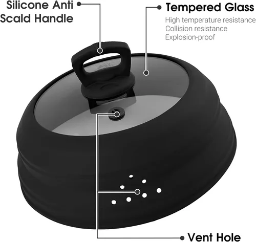 Miniatura 4 de Cubierta de vidrio para salpicaduras de microondas de 10.5 pulgadas, cubierta de microondas para alimentos con asa, cubierta plegable de silicona