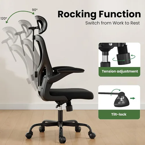 Miniatura 5 de Silla de oficina ergonómica negra y silla de escritorio de respaldo alto con soporte lumbar ajustable, cómodas sillas de juegos de computadora