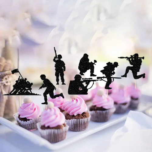 Miniatura 5 de Decoración para tartas de soldado con temática militar, 12 vasos de papel con purpurina negra, Día del soldado, veteranos, cumpleaños de hombres