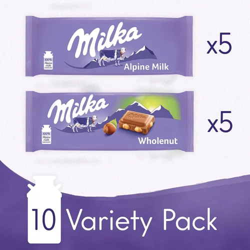Miniatura 3 de Milka - Paquete variado de barras de chocolate europeas, chocolate con leche alpino y chocolate integral con avellana, 10 barras de 3.52 onzas