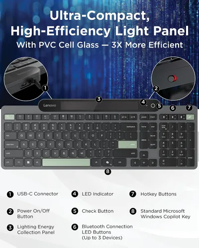Miniatura 5 de Lenovo 800 Teclado Bluetooth Autocargable, Utiliza Luz Ambiental para la Carga, Bluetooth 5.1, Soporta 3 Dispositivos, Sin Batería, Inalámbrico, Gris