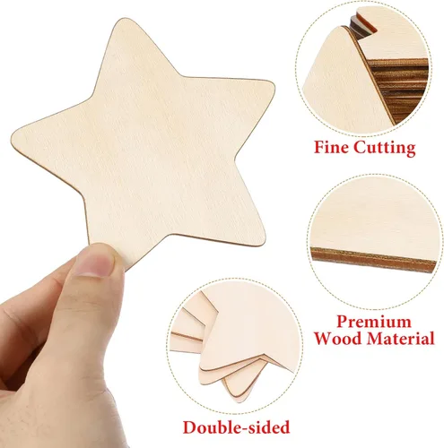 Miniatura 8 de IMIKEYA 50 piezas de estrellas de madera sin terminar: recortes de estrellas de madera natural para niños, pintura DIY, chips de madera, recortes
