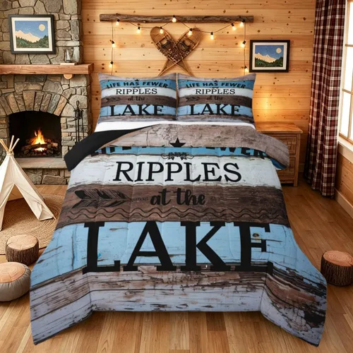 Miniatura 25 de Juego de ropa de cama King para casa del lago, juego de edredón de paleta de madera retro para regalos para amantes del lago, inserto de edredón