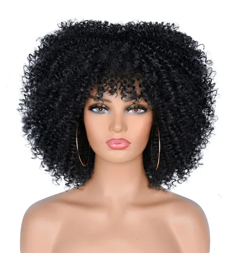 ANNISOUL Pelucas rizadas para mujeres negras, peluca rizada tipo afro con flequillo, fibra sintética, sin pegamento, pelo largo rizado, negro, 10