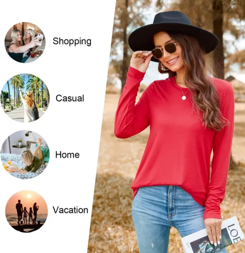 Miniatura 5 de HOTGIFT Camisetas de otoño e invierno para mujer, estilo casual, manga larga, cuello redondo, blusa holgada y cómoda
