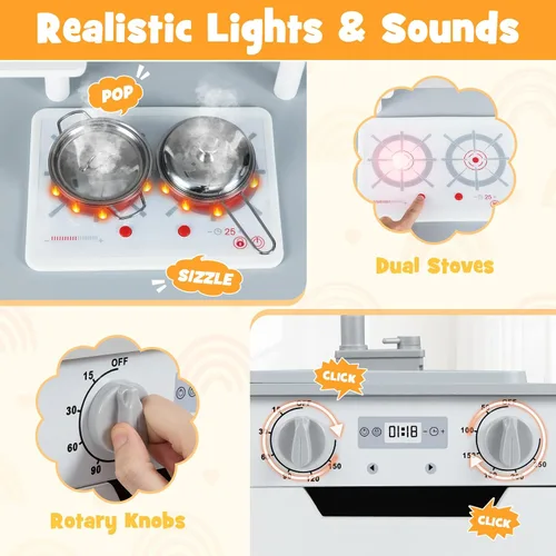 Miniatura 4 de Costzon Juego de cocina para niños, juego modular de madera de 2 piezas con agua corriente, sonido y luz, nevera, lavavajillas, microondas, horno