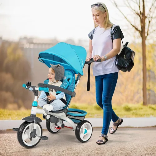 Miniatura 9 de Costzon - Triciclo para niños pequeños, 6 en 1 con mango para padres, toldo ajustable, almacenamiento, arnés de seguridad y frenos de rueda