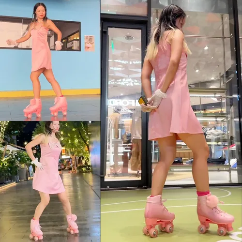 Miniatura 2 de Patines de ruedas para mujer, patines de piel sintética de alta calidad, cuatro ruedas rosadas brillantes de doble fila, patines cuádruples