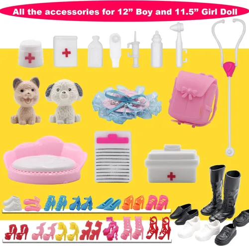 Miniatura 5 de ZTWEDEN 71 piezas de ropa de muñeca y accesorios para muñecas de 12 pulgadas y muñecas de niña, juego de cuidado de mascotas, incluye 25 prendas