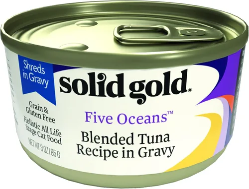 Miniatura 25 de Solid Gold comida húmeda para gatos desmenuzada con salsa - Alimento enlatado para gatos hecho con atún real y caballa - Sin granos de los Cinco