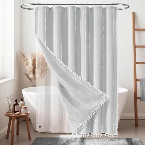 Miniatura 27 de BTTN - Cortina de ducha bohemia para cubículo de 36x72 - Juego de cortina de lino estrecha ultra gruesa con rayas y borlas, con 6 ganchos, cortinas