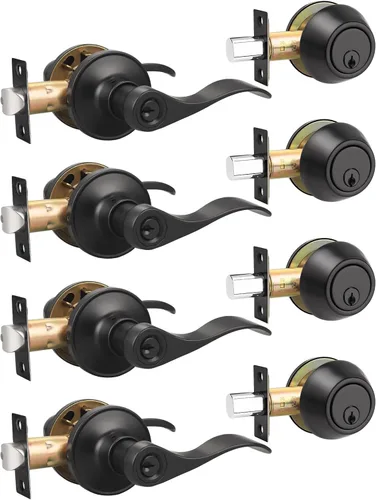 Miniatura 12 de Gobrico Keyd Alike - Manija de puerta de entrada y cerrojo de un solo cilindro en níquel satinado, palanca estilo onda con cerradura y cerrojo