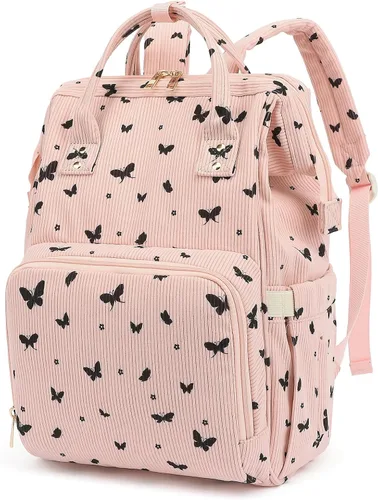 Miniatura 9 de Mochila de ante para pañales para bebés, niñas y niños, grandes bolsas de pañales para mamá (Corderoy beige floral púrpura)