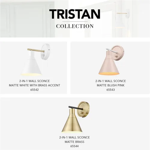 Miniatura 13 de Globe Electric 65542 - Candelabro de pared de 1 luz con enchufe o cableado, blanco mate, acento en latón, interruptor giratorio de atenuación sin