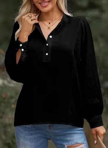 Miniatura 3 de Astylish Camisas para mujer con manga de farol, blusas básicas con textura plisada con medio botón