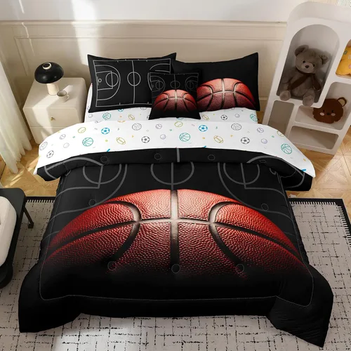Miniatura 12 de Bodhi Juego de edredón en blanco y negro, juego de ropa de cama de baloncesto deportivo tamaño Queen para niños, juego de edredón de baloncesto