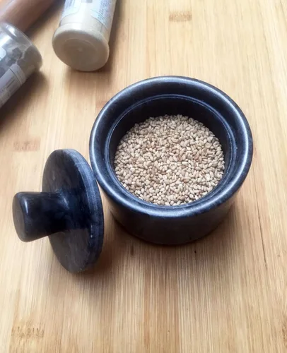 Miniatura 6 de Bodegas de sal de mármol, caja de sal negra con cubierta, contenedor de almacenamiento de soporte de sal para mostrador, contenedor de sal de cocina
