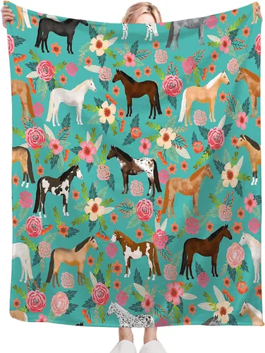 Miniatura 5 de Manta con estampado de caballos, con patrón de caballos y flores, para niñas, niños y adultos, súper cálida, suave y acogedora, manta de franela