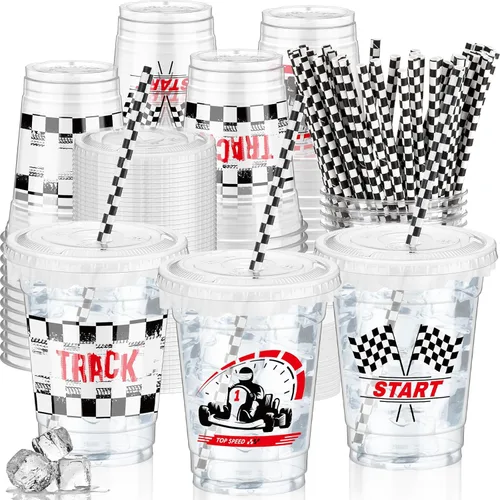 FoldTier 50 piezas de vasos de plástico para fiesta de carreras a cuadros de 12 oz, vasos transparentes gruesos con bandera a cuadros, vasos negros