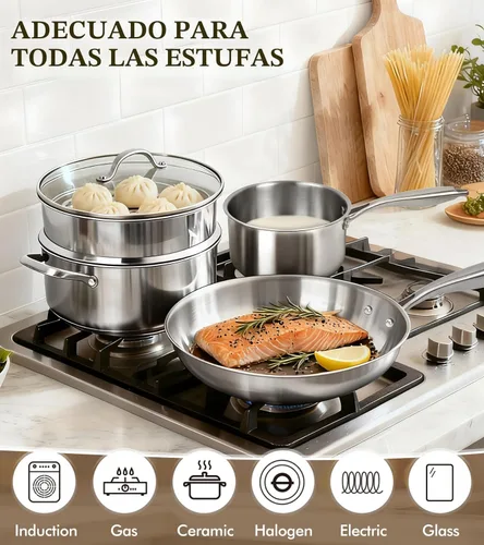 Miniatura 7 de Juego de ollas y sartenes de 16 piezas, juego de utensilios de cocina de acero inoxidable de tres capas con tapas, juego de cocina no tóxico, apto