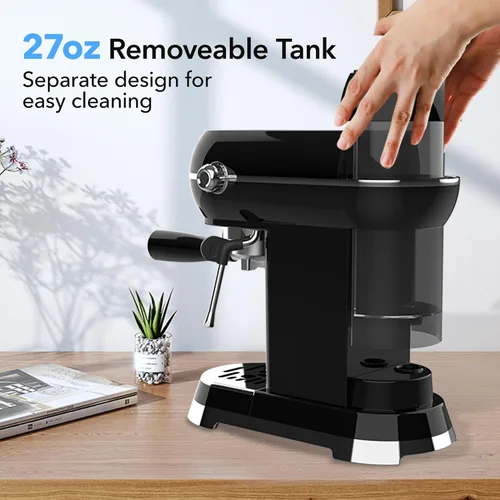Miniatura 4 de HBN Máquina Compacta de Espresso de 20 Bar con Espumador de Leche, Tanque de Agua Extraíble de 27oz para Espacios Pequeños, Cafetera Casera