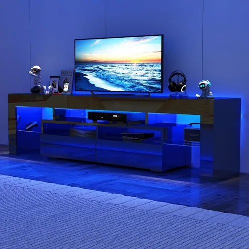Miniatura 4 de St.Mandyu Soporte de TV LED para TV de 65/75/85 pulgadas, centro de entretenimiento moderno de alto brillo con cajón y luces LED, mesa de televisión