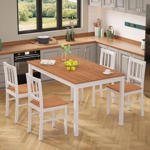 MU Juego de mesa de comedor de 5 piezas para 4, sillas rectangulares de madera de cocina con patas de madera de goma, juego de comedor de granja que